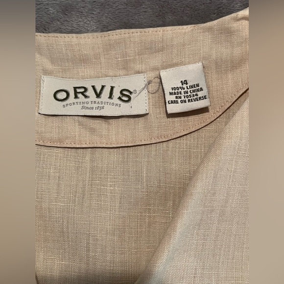 Orvis Shirt Women’s 14 Beige Performance Linen Short Sleeve V-Neck - Picture 8 of 10